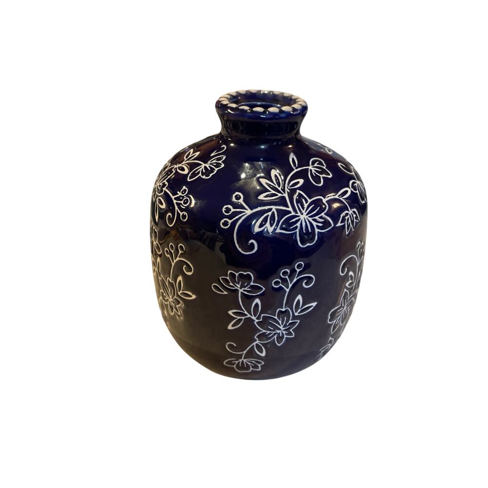 Temptations by Tara Cobalt Blue HTF Floral Lace Embossed Round Vase 4x5”